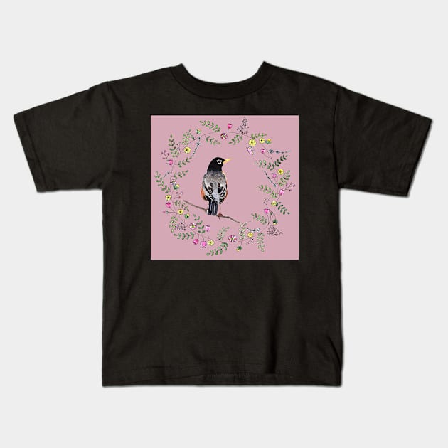 American Robin with Flower Wreath and violet background Kids T-Shirt by Sandraartist